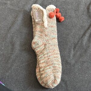 Secret Treasures Cozy Knit Socks with Pom Poms - Cream and Red